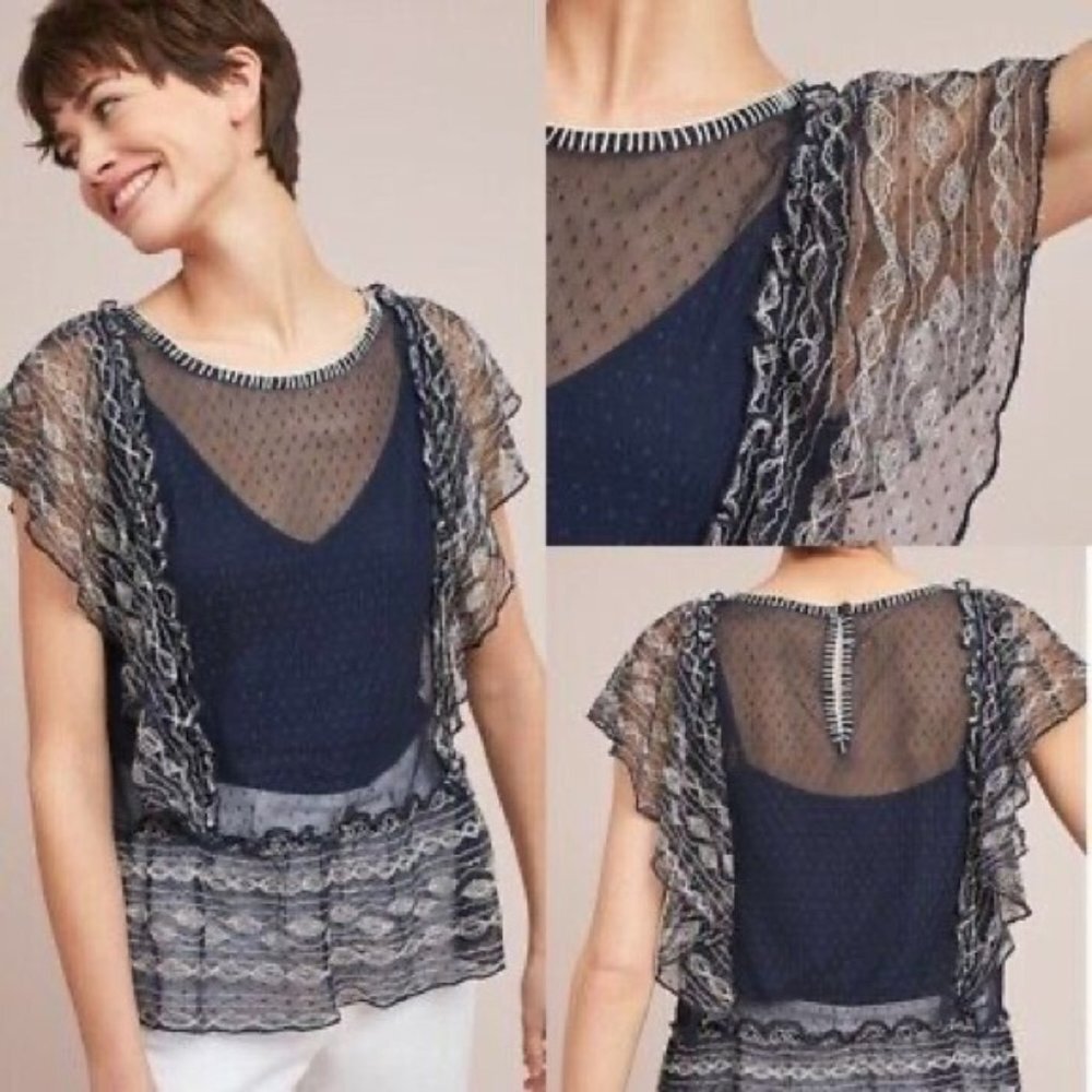 Anthropologie Meadow Sloane Dotted Navy Lace Top